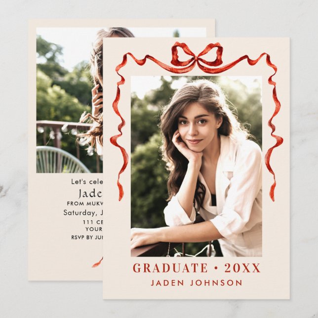 Trendy Red Bow Ribbon 2 PHOTO Graduation Party Invitation (Front/Back)