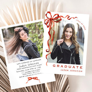 Trendy Red Bow Ribbon 2 PHOTO Graduation Party Invitation