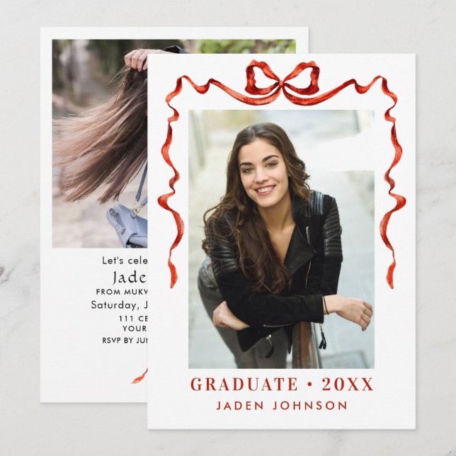 Trendy Red Bow Ribbon 2 PHOTO Graduation Party Invitation (Front/Back)