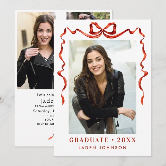 Trendy Red Bow Ribbon 4 PHOTO Graduation Party Invitation (Front/Back)