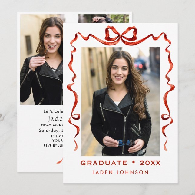 Trendy Red Bow Ribbon 4 PHOTO Graduation Party Invitation (Front/Back)