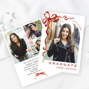 Trendy Red Bow Ribbon 4 PHOTO Graduation Party Invitation