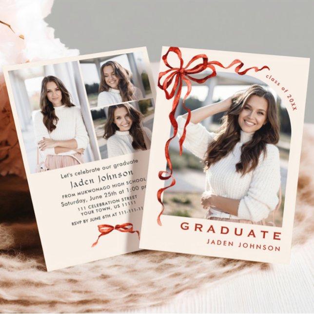 Trendy Red Bow Ribbon 4 PHOTO Graduation Party Invitation (Creator Uploaded)