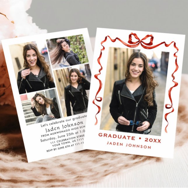Trendy Red Bow Ribbon 5 PHOTO Graduation Party Invitation (Creator Uploaded)