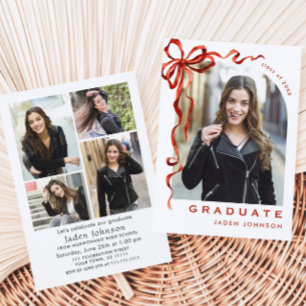 Trendy Red Bow Ribbon 5 PHOTO Graduation Party Invitation
