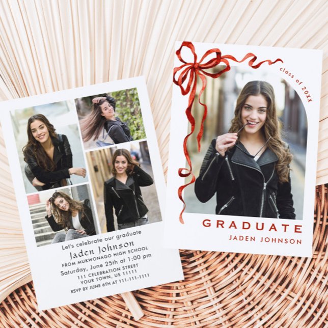 Trendy Red Bow Ribbon 5 PHOTO Graduation Party Invitation (Creator Uploaded)