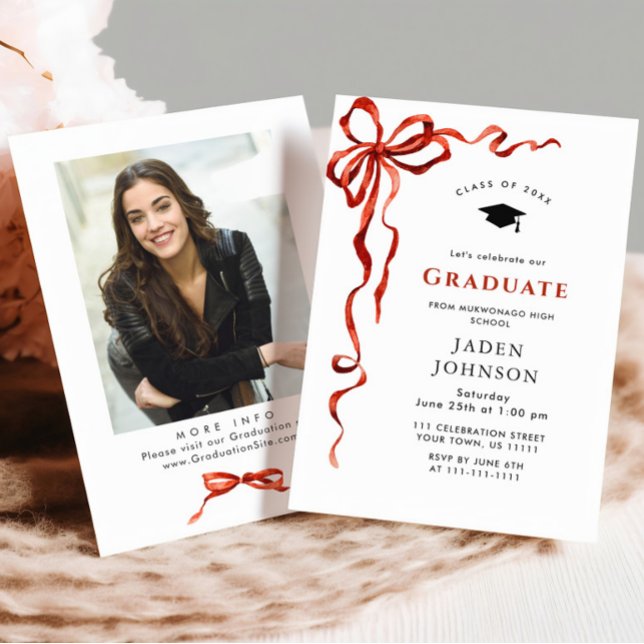 Trendy Red Bow Ribbon PHOTO Graduation Party Invitation (Creator Uploaded)