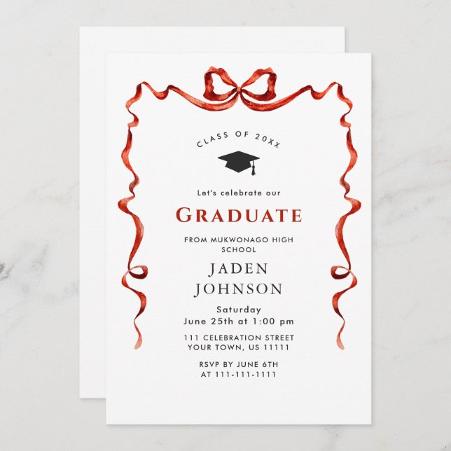 Trendy Red Bow Ribbon PHOTO Graduation Party Invitation (Front/Back)