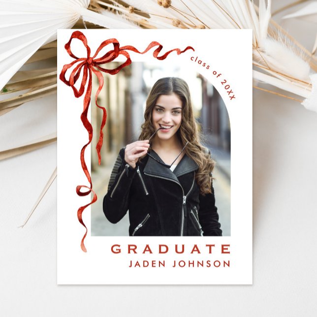 Trendy Red Bow Ribbon PHOTO Graduation Party Postcard (Creator Uploaded)