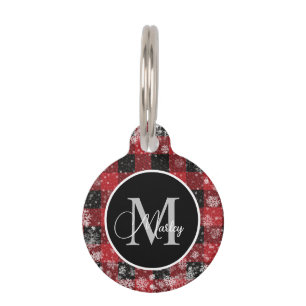 Trendy Red Buffalo Plaid Snowflakes Monogram Name Pet ID Tag
