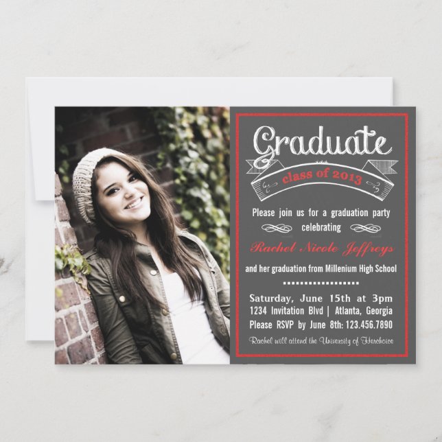 Trendy Red Chalkboard Typography Graduation Invitation (Front)