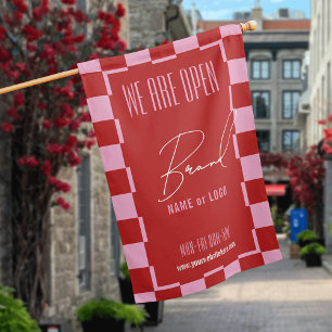 Trendy Red Checkered Boutique Open Flag Sign