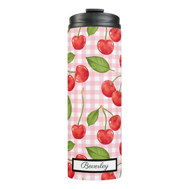 Trendy Red Cherry Pattern gingham background  Thermal Tumbler (Front)