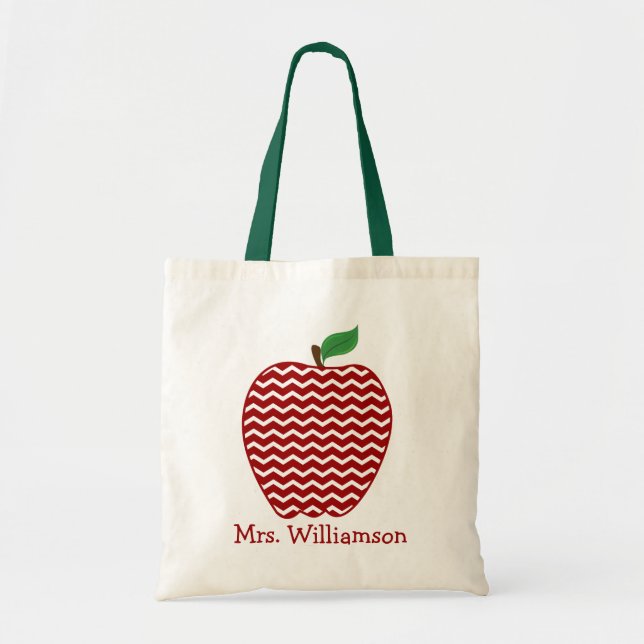 Trendy Red Chevron Zigzag Apple Teacher Tote Bag (Front)