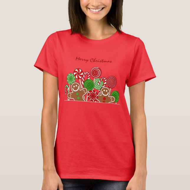 Trendy red Christmas gingerbreads T-Shirt (Front)