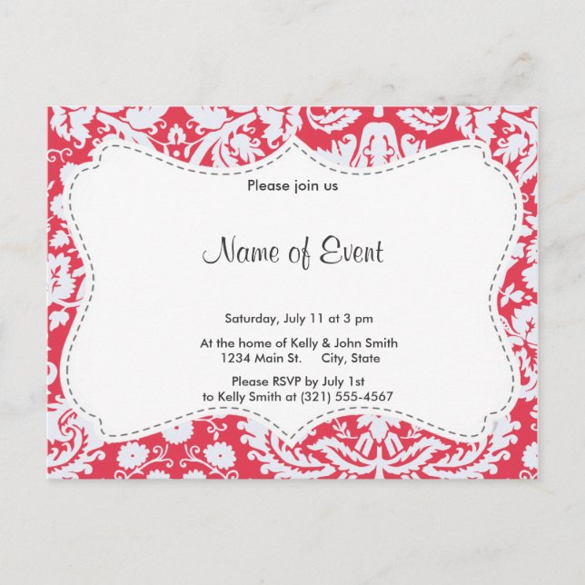 Trendy Red Damask Pattern Invitation Postcard (Front)