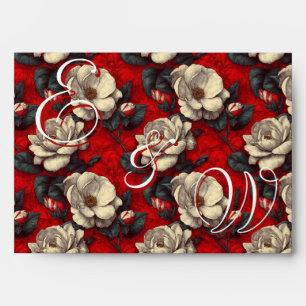 Trendy Red Gardenias Sparkle Vintage Wedding Envelope