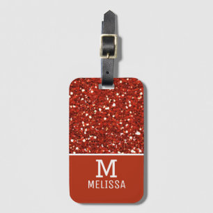 Trendy Red Glitter Name Monogram Luggage Tag
