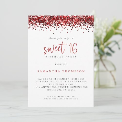 Trendy Red Glitter Sweet 16 Birthday Party Invitation