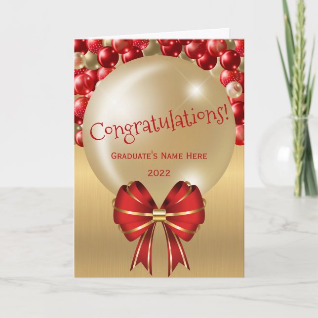 Trendy Red Gold Balloon Bow Graduation Card (Front)