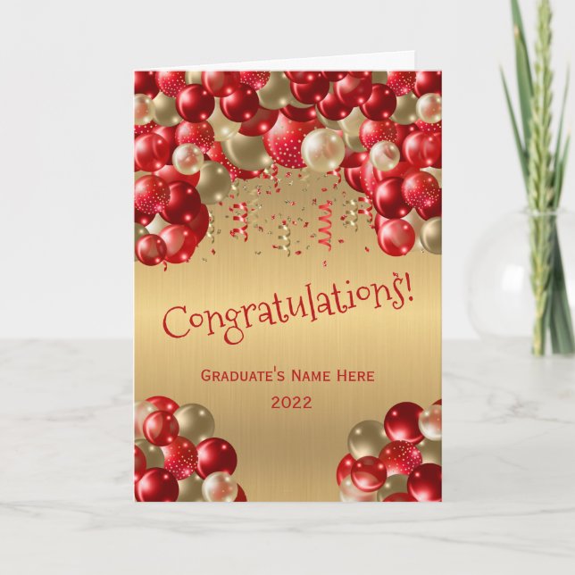 Trendy Red Gold Balloon Congratulations Graduation Card (Front)