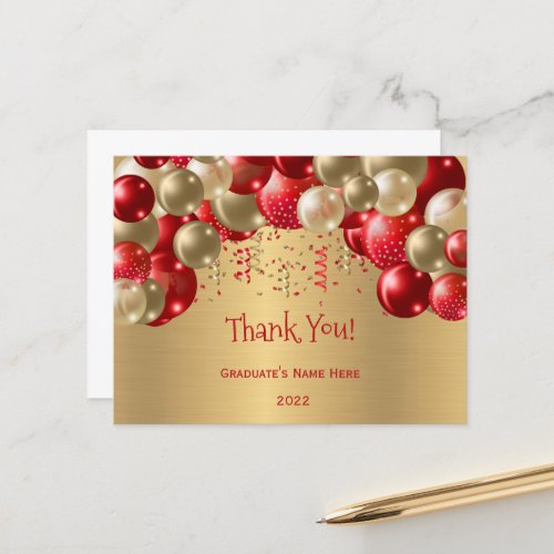 Trendy Red Gold Balloon Thank You Graduation Postcard