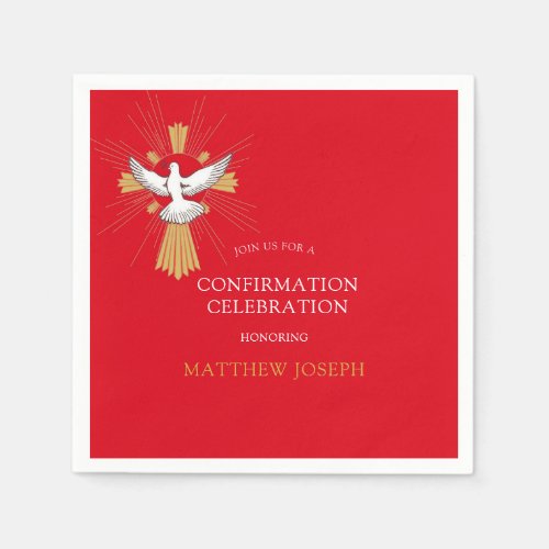 Trendy Red Gold Cross White Dove Confirmation Napkins