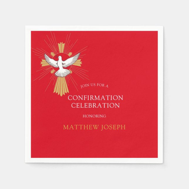 Trendy Red Gold Cross White Dove Confirmation Napkins (Front)