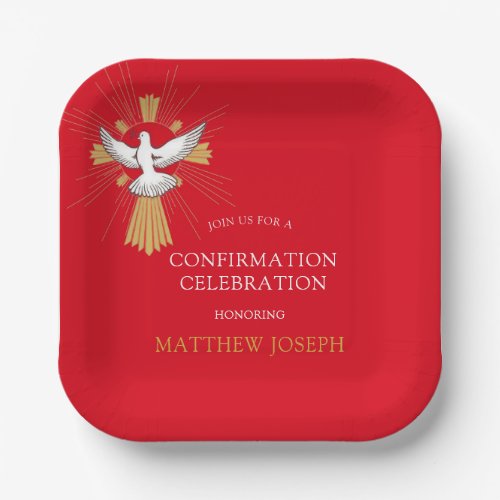 Trendy Red Gold Cross White Dove Confirmation Paper Plates