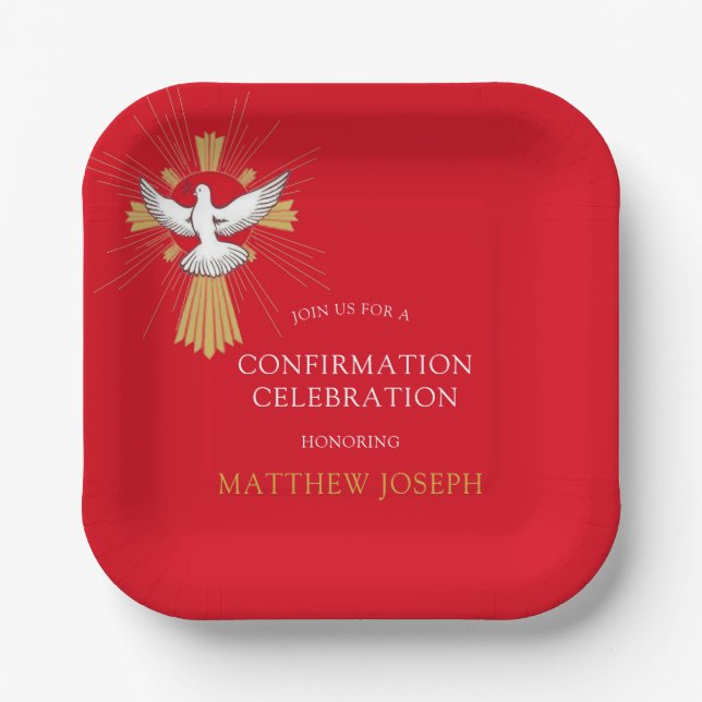 Trendy Red Gold Cross White Dove Confirmation Paper Plates (Front)