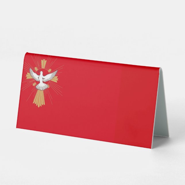 Trendy Red Gold Cross White Dove Confirmation Table Tent (Front)
