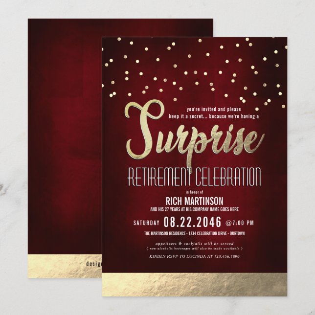 Trendy Red/Gold Surprise Retirement Party  Invitation (Front/Back)