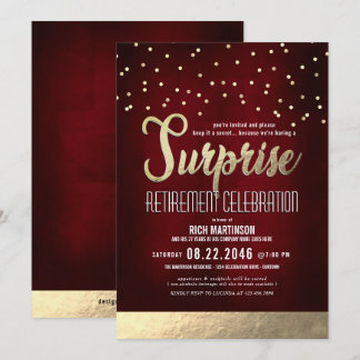 Trendy Red/Gold Surprise Retirement Party Invitation