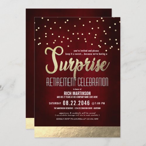 Trendy RedGold Surprise Retirement Party  Invitation