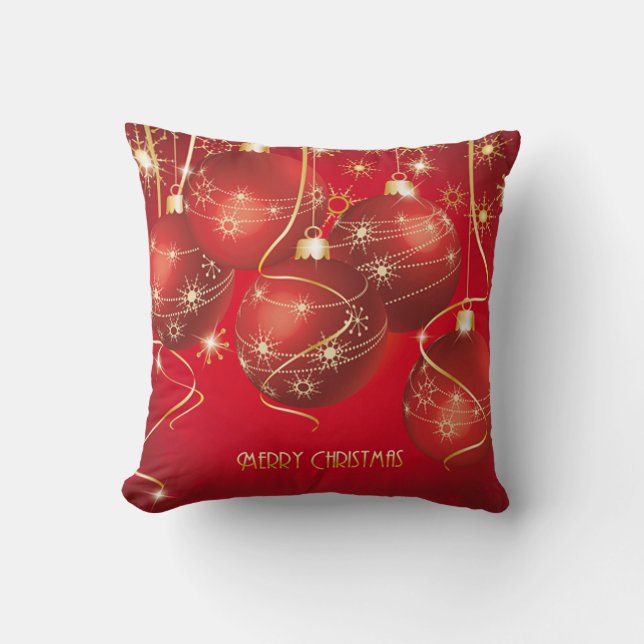 Trendy Red, Golden Christmas Ornaments Snowflakes Throw Pillow (Front)