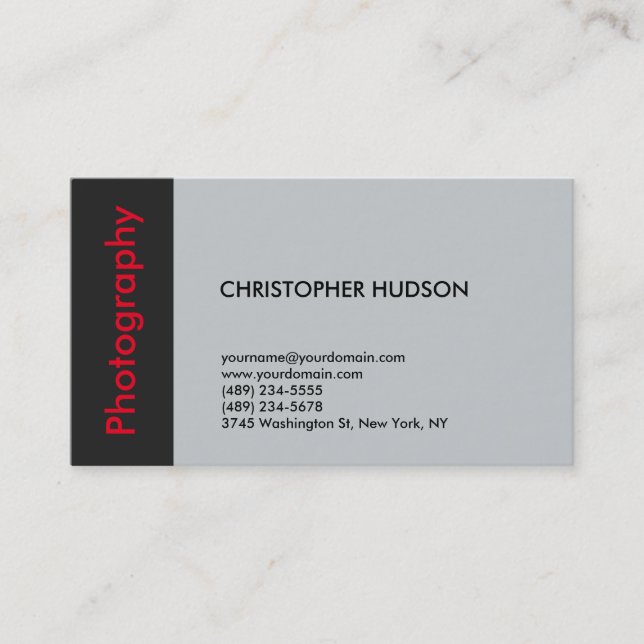 Trendy Red Gray Photography Business Card (Front)