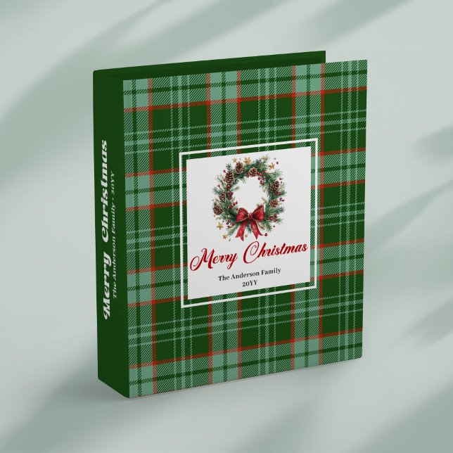 Trendy red green plaid pine wreath photo album 3 ring binder (Trendy red green plaid pine wreath photo album)