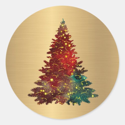 Trendy Red Green Watercolor Tree Gold Christmas Classic Round Sticker