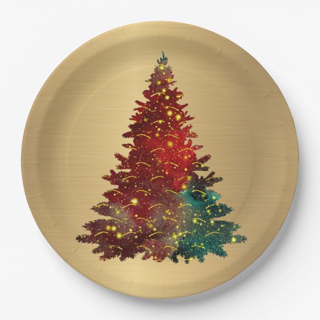 Trendy Red Green Watercolor Tree Gold Christmas Paper Plates (Front)
