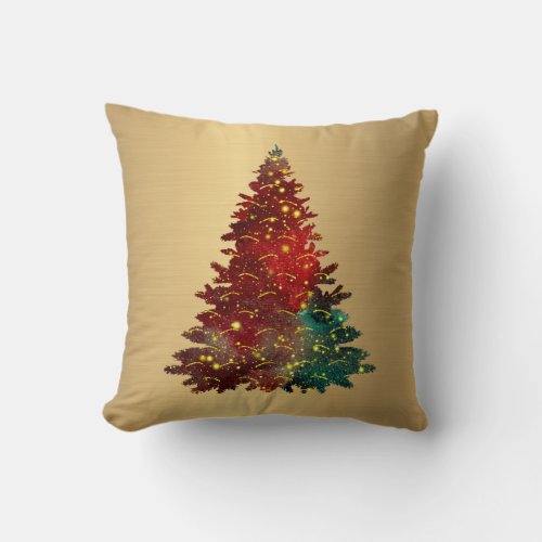 Trendy Red Green Watercolor Tree Gold Christmas Throw Pillow