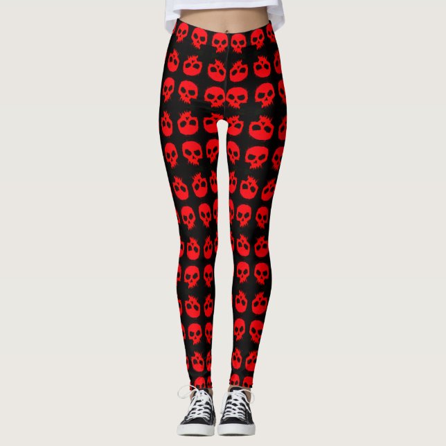 Trendy Red Grunge Skulls On Black Leggings (Front)