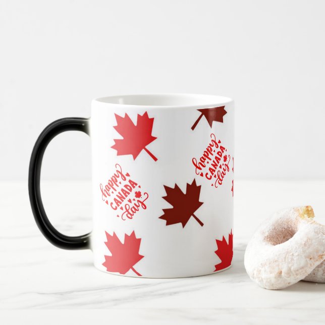 Trendy Red Maple Leaves Happy Canada Day  Color Morph Mug (With Donut)