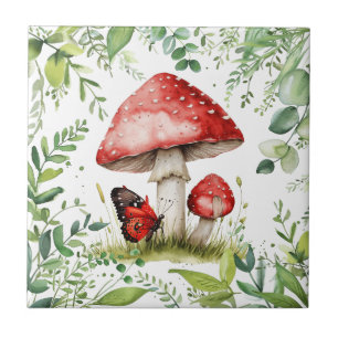 Trendy Red Mushroom with Butterfly Ceramic Tile