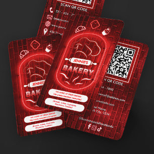 Trendy Red Neon Bakery Custom Logo QR Code Business Card