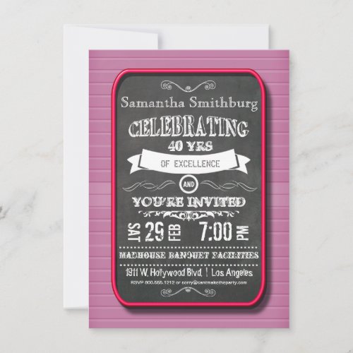 Trendy Red Neon Chalkboard Birthday Party Invite