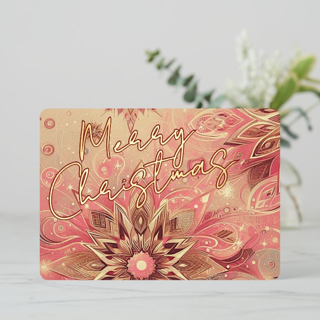 Trendy Red Pink Abstract Snowflake Floral Art Gold Foil Holiday Card (Standing Front)