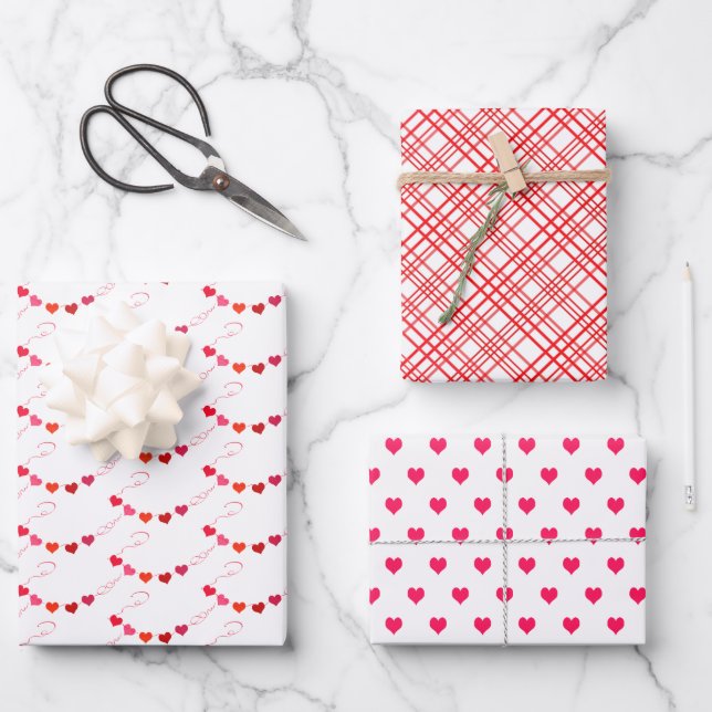 Trendy Red, Pink and White Valentine Patterns Wrapping Paper Sheets (Front)