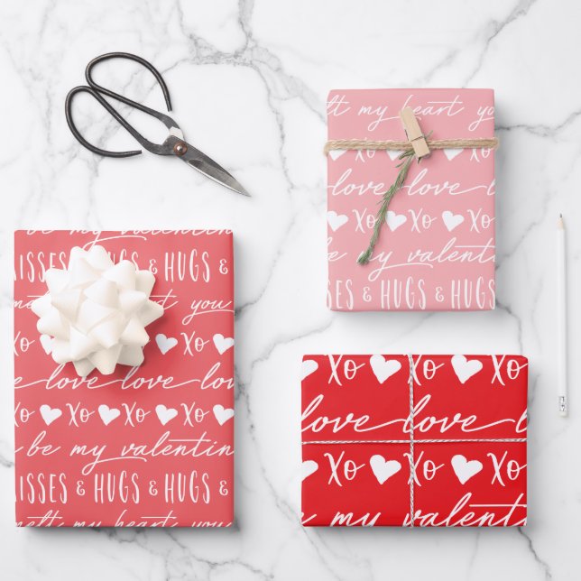 Trendy Red & Pink Calligraphy Be My Valentine Wrapping Paper Sheets (Front)