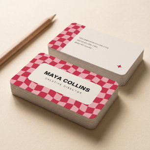 Trendy Red Pink Wavy Checkerboard Business Card