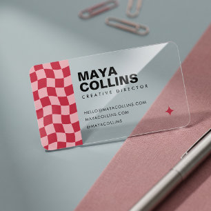 Trendy Red Pink Wavy Checkerboard Clear Business Cards
